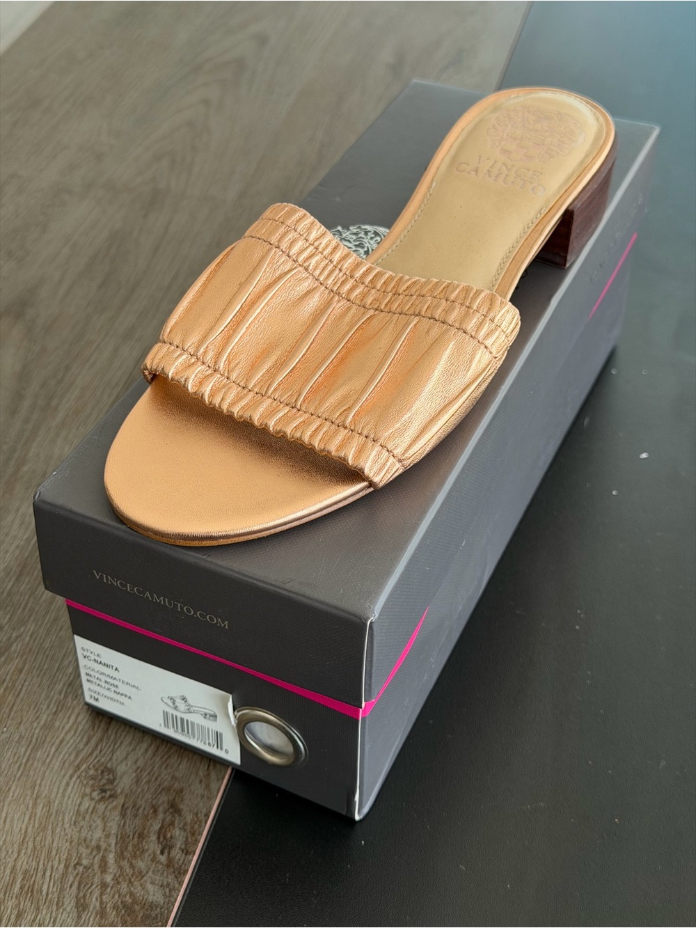 Vince Camuto Metallic Rose Gold Ruched Slide Mule